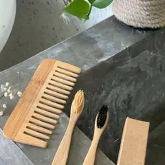 A close-up of our essential personal care swaps. This image features a wide-tooth bamboo comb alongside two bamboo toothbrushes, showcasing the natural materials and simple design of our eco-friendly alternatives.