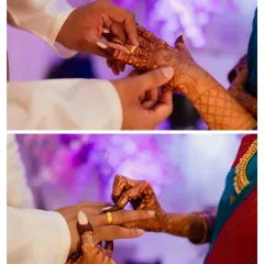 The moment it becomes official. This two-part image captures the ring exchange, a pivotal and emotional part of any engagement ceremony.
