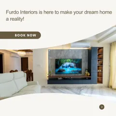 Furdo Interiors is here to make your dream home a reality. This graphic features a modern living room with a sleek, integrated TV unit.