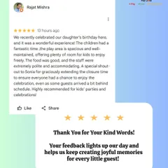 A wonderful 5-star review from Rajat Mishra, who celebrated his daughter's birthday with us. He highlights our spacious play area, good food, and accommodating staff.