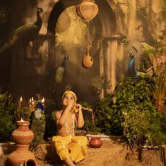 The playful side of Kanha. This shot captures our little Krishna with a mischievous look, holding his flute in a richly detailed set that brings the stories of Janmashtami to life.