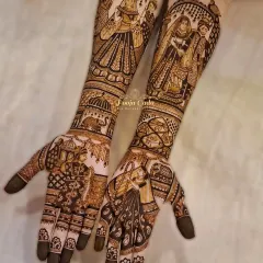 Bridal henna for my lovely NRI bride from the UK. This design beautifully captures her wedding story with intricate figures of the bride's entry, the couple's ceremony, and other traditional motifs.