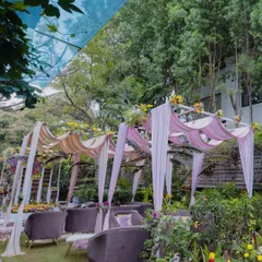 For a Haldi and Mehendi in a client's backyard, we used blush pink velvets for the canopies instead of conventional fabrics. The deep-colored furniture was chosen to break the monotony and add a touch of elegance.