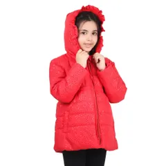 My e-commerce photography extends to kids' fashion, providing crisp, clear images for online stores. This shot of a child model in a bright red puffer jacket is a perfect example of a clean, product-focused image against a white background, ideal for catalogue listings.