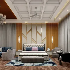 A different view of the master bedroom, focusing on the custom headboard wall and seating area. The design creates a spacious and comfortable retreat, with different zones for sleeping and lounging.