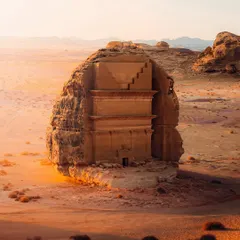 The 'Lonely Castle' or Qasr al-Farid in Hegra, Saudi Arabia. This ancient tomb, carved into a single massive boulder, stands alone in the desert, and I captured it during the golden hour to highlight its majesty.