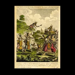 A hand-colored woodcut engraving by Thomas Maurice, circa 1798. It depicts the seventh avatar of Vishnu, Ramachandra, in combat with the ten-headed Ravana, a classic scene from Hindu mythology.