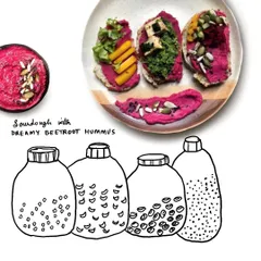 A perfect brunch idea featuring my Dreamy Beetroot Hummus. Its velvety pink texture and earthy-sweet flavor pair beautifully with sourdough toast, topped here with fresh veggies and seeds.