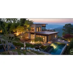 The two cottages are situated on a steep 2.5-acre hill, with majestic views of snow-capped peaks. The architecture is designed to maximize both long and short views from every angle.