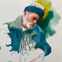 This expressive watercolor portrait was created during an online class demonstration. I used a limited color palette to focus on the subject's features and the play of light and shadow on his face.