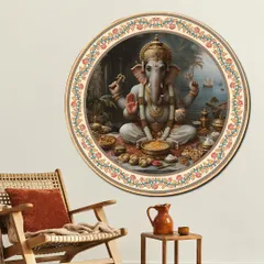 This circular fabric-embossed painting of Lord Ganesh is a symbol of blessings and peace. The intricate design and premium frame make it a beautiful focal point for any room.