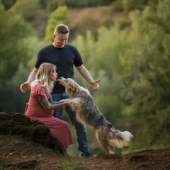Capturing the pure joy and excitement of the whole family. This candid shot shows a happy dog sharing a loving moment with his expecting mom in a beautiful forest setting.