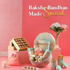 Make Raksha Bandhan special with our stunning pastel-themed hamper. It features a unique basket, a box of laddus, and other treats, all designed in a beautiful turquoise and peach floral print.