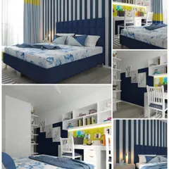 A boy's room should be a space to dream, play, and grow. This concept design blends calming blues with pops of yellow and a striped wall to create a room that is energetic and fun, complete with a dedicated study area and ample storage.