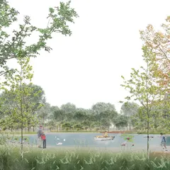This render depicts a quiet corner of the proposed park in Kharkiv, with a large water body surrounded by naturalistic plantings. My aim was to create a biodiverse environment where city dwellers could reconnect with nature.