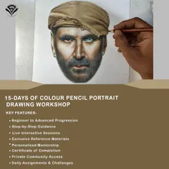My 15-day Colour Pencil Portrait Drawing Workshop is designed for all skill levels, from beginner to advanced. This graphic highlights the key features you can expect, including live interactive sessions, personalized mentorship, and access to a private artist community.