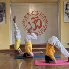 For students ready to deepen their practice, we offer guidance in advanced asanas like Sirsasana (Headstand). This image shows students at different stages of learning the pose, supported by our step-by-step method.
