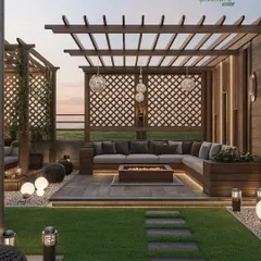 We create cozy and intimate settings perfect for cool evenings. This terrace design centers around a modern firepit, surrounded by a custom U-shaped sofa under a wooden pergola, with layered lighting and landscaping to complete the mood.
