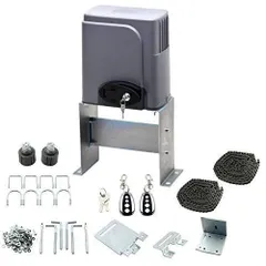 This image displays a complete kit for a sliding gate automation system. It includes the powerful motor, mounting hardware, chains, and remote controls, representing the high quality components we use for every installation value to ensure secure and reliable access to your property.