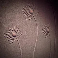 A beautiful detail from an entrance I designed. This raw, textured wall features embossed lotus flowers, adding a touch of nature and artistry right at the doorstep.