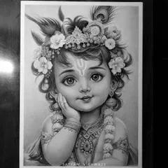 This portrait of Bal Krishna or Ladoo Gopal is all about capturing his innocent and playful nature. It's a heartwarming piece that brings a lot of joy, sketched with delicate strokes to highlight his divine charm.