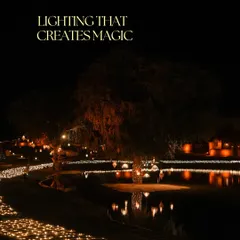 Creating magic with light. For this outdoor event, pathways and trees were illuminated with thousands of tiny lights, reflecting beautifully on the water and creating an enchanting landscape.