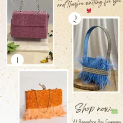 They're new, they're chic, and they're waiting for you. This image displays three of our latest handbags, from a sparkling pink chain bag to a feathered orange clutch, perfect for making a style statement.