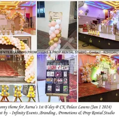 Another one of our popular bunny-themed setups, this time for Aarna's first birthday. The grand entrance arch and elegant stage decor with gold and white balloons created a beautiful celebration at CK Palace Lawns.