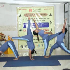 This image captures the spirit of unity and advanced practice that we cultivate in our students. Here, our trainees demonstrate a complex group yogasana formation, showcasing the strength, trust, and coordination they develop through our comprehensive teacher training program.
