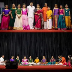 Our full vocal music ensemble on stage after a successful samarpanam. This photo includes our teachers, parents, and students of all ages, celebrating the spirit of community and shared artistic offering.
