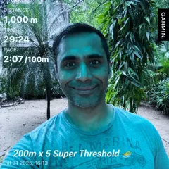 A screenshot of a swim threshold interval workout. We focus on speed work in the pool, like these 200m x 5 repeats, to improve efficiency and pace.