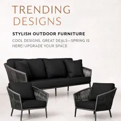 This is our trending black rope furniture set, a complete solution for any modern outdoor area. The set includes a three-seater sofa and two matching armchairs, all built on sleek aluminum frames for a contemporary, minimalist look that doesn't compromise on comfort.