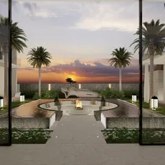 This rendering captures the essence of our design philosophy: creating a seamless connection with nature. From inside the home, floor-to-ceiling glass frames the outdoor fire pit and water feature, allowing the residents to enjoy the beauty of the sunset from the comfort of their living space.