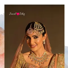 A smiling bride showcasing her unique headpiece, a combination of a pink-stone tikka and a polki passa. This is how we customize pieces to create a signature style.