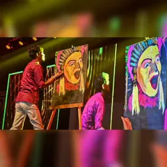 This collage shows the dynamic process of the Kantara painting, from the initial strokes to the emerging face, with the live projection visible behind me.