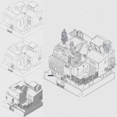 The evolution of Ajith's drawing. This image shows the process of transforming a standard axonometric view into a complex, imaginative illustration, a key part of my mentoring is guiding students through this creative struggle.