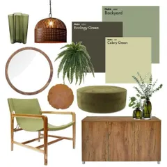 A landscape-inspired mood board showing how we pull together different elements. It features a palette of greens, natural wood furniture, a round mirror, and metallic lighting to create a cohesive, nature-inspired interior.