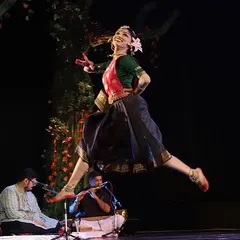 Capturing the dynamism and energy of Bharatanatyam. This leap, part of our "Ṛtú Vismruti" production, expresses a moment of pure, uninhibited joy in dance.