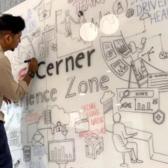 Here I am, live doodling on a glass wall for an Accenture and Oracle event. The artwork explores the future of HealthTech, from data-driven health centers to secure cloud architecture.
