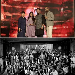 A collection of moments from the awards night. The top image shows us on stage receiving the award, while the bottom image is a group photo with fellow talented photographers from the industry.