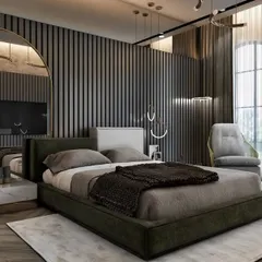 In this bedroom, we used a dark, vertically slatted wall to create a dramatic and textured backdrop. An oversized arched mirror leans against the wall, amplifying the space, while the low-profile bed adds to the modern, minimalist aesthetic.