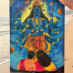 This painting of Lord Vishnu's Vamana avatar was a true labor of love. I used acrylics on canvas to capture the cosmic scale and divine energy, setting it against a beautiful beach backdrop to bring out the vibrant colors.