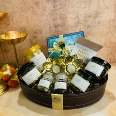 Our grand 'Regal Affairs' Diwali Basket, overflowing with jars of our best-selling treats and festive decor.