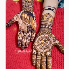 This Karwa Chauth design features a loving couple portrait on one hand and a symbolic 'diya' and moon design on the other, complete with Swastika symbols for good fortune.
