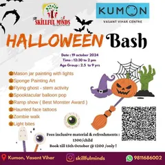 Announcing our Halloween Bash in collaboration with Kumon, Vasant Vihar. This poster outlines a spooktacular event with mason jar painting, a flying ghost STEM activity, and a "Best Monster" award.
