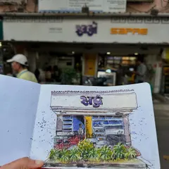Sketching the storefront of Sapre & Sons, a beloved Marathi eatery in Goregaon. It’s always special to connect with the owners and share my art, especially when they have a background in commercial arts too.