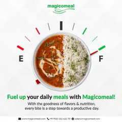 Fuel up your daily meals with us. This graphic creatively uses a fuel gauge to show how our meals, like this dal makhani and rice, provide the goodness of flavors and nutrition for a productive day.