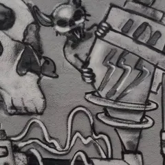 A close-up of the cow skull and a small demonic character from the mechanical mural. The shading and detail work here are done entirely with spray paint, creating a gritty, textured look.