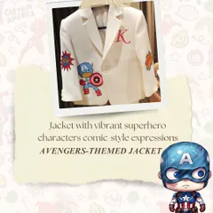 An up-close look at our Avengers-themed jacket. This graphic showcases the vibrant superhero characters and comic-style expressions we can hand-paint or embroider onto his custom blazer.