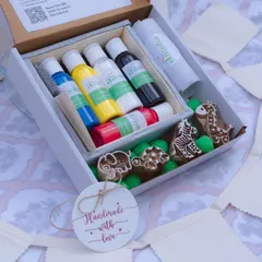 This is our bestselling Animal Kingdom DIY kit, designed to spark creativity in young artists. It comes with four hand carved animal blocks, a cloth bunting, bookmarks, and my special organic, child safe paints. It’s a wonderful way to introduce children to the joy of making things by hand.